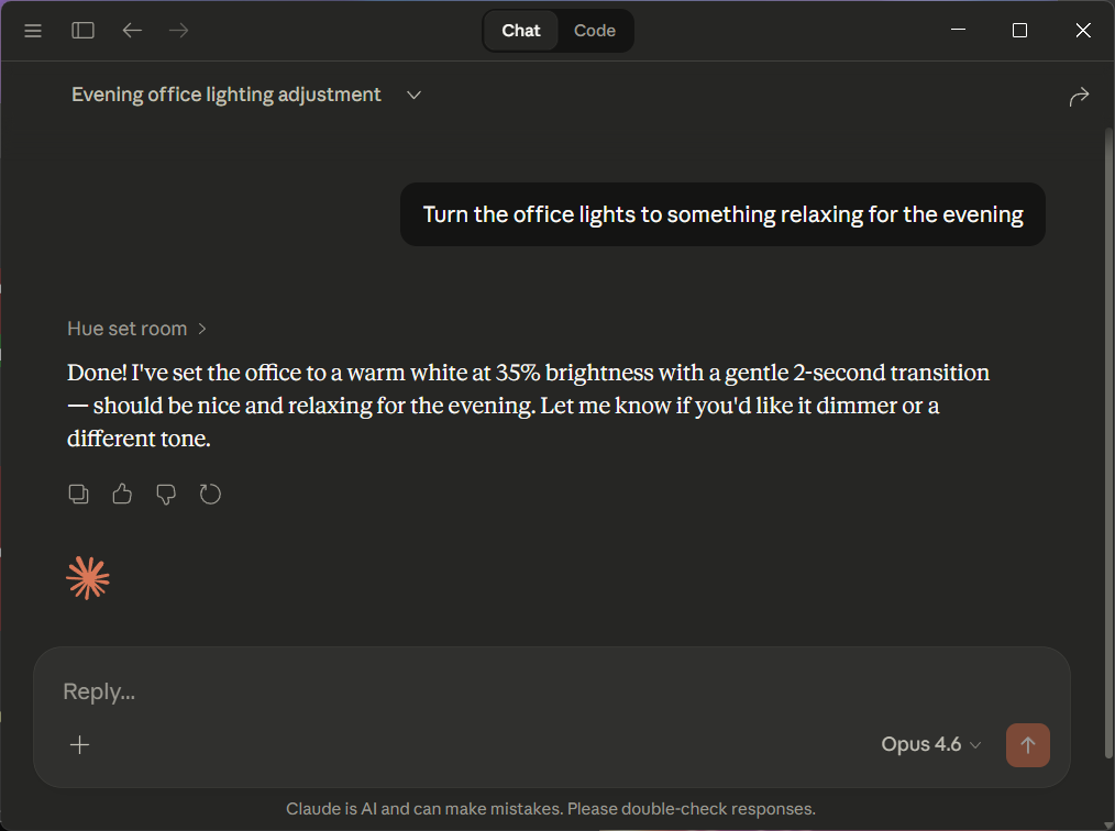 Claude AI controlling Hue lights via MCP